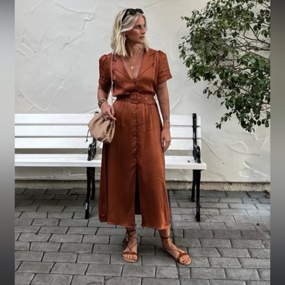 WeWoreWhat Camp Satin Collar Shirt midi Dress Clay NWT 69.00 Size Small - Picture 4 of 7